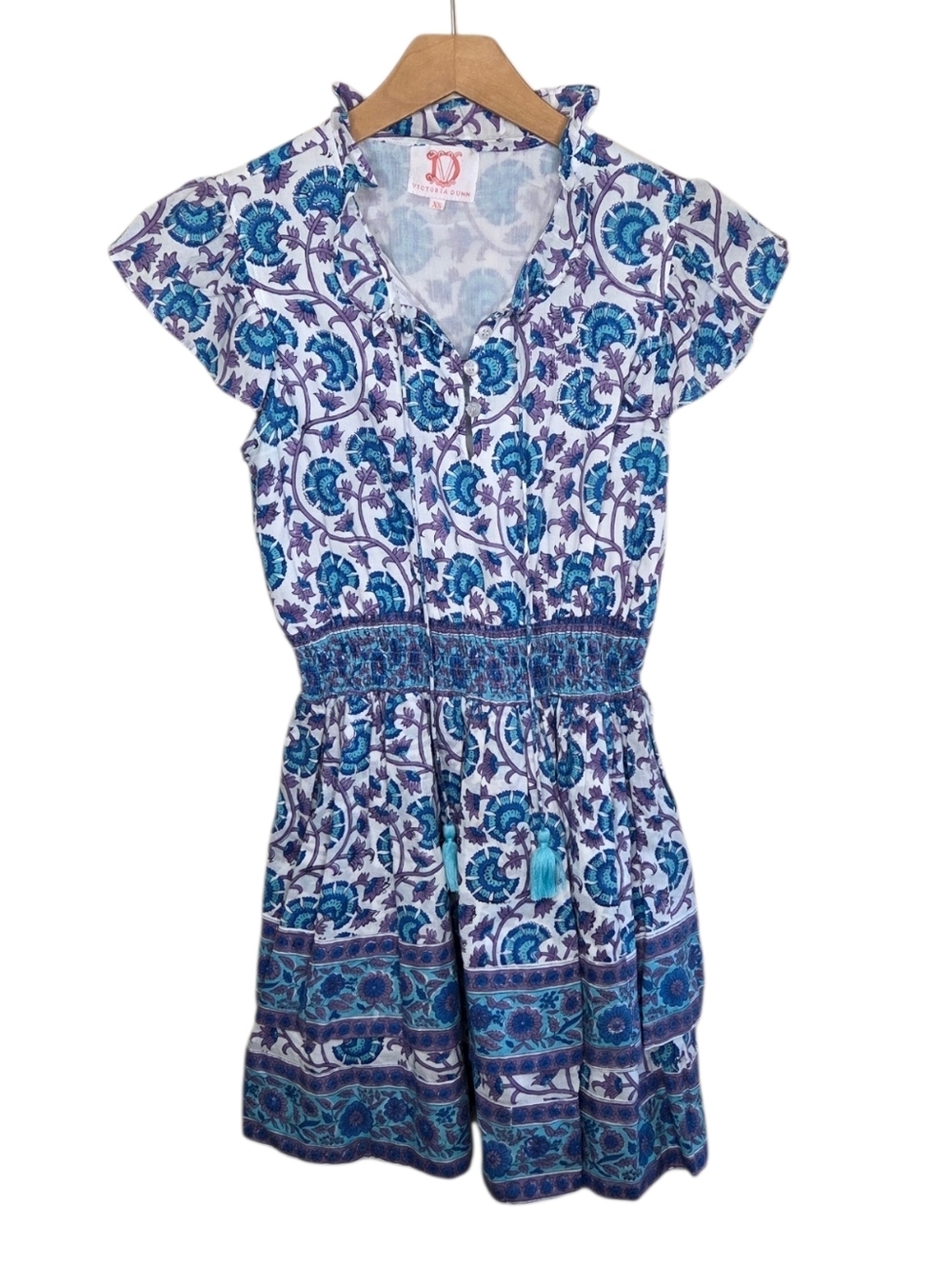 Victoria Dunn Blue White Floral Block Print Ruffled V-neck Mini Dress Size XS